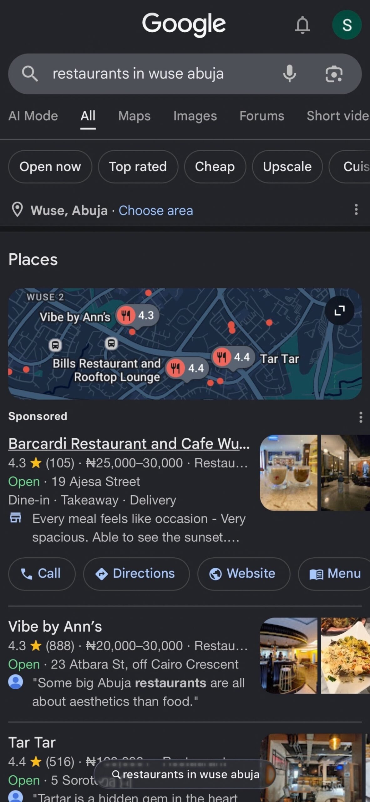Google local search results showing nearby businesses on a map