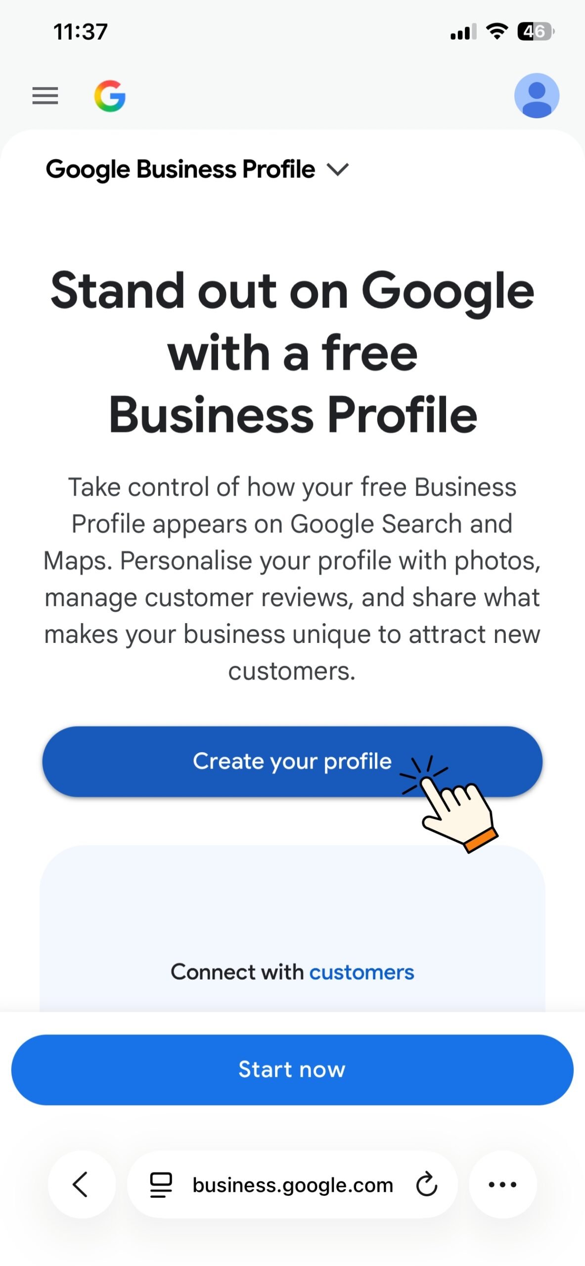 Google Business Profile setup page with Create your profile button