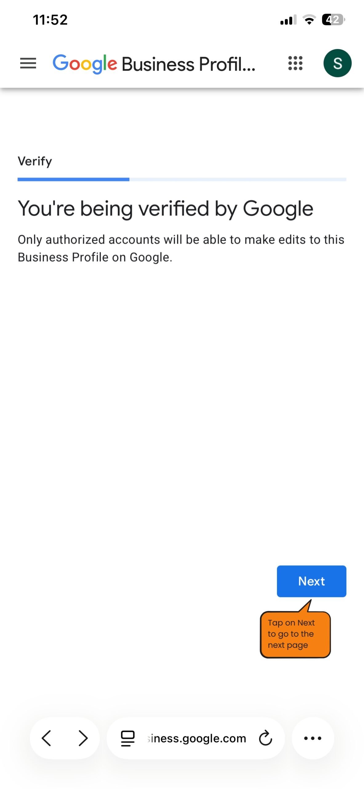 Google Business Profile verification in progress screen