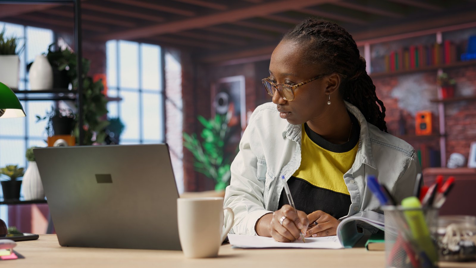 Bookkeeper reviewing business reports on a laptop in a home office