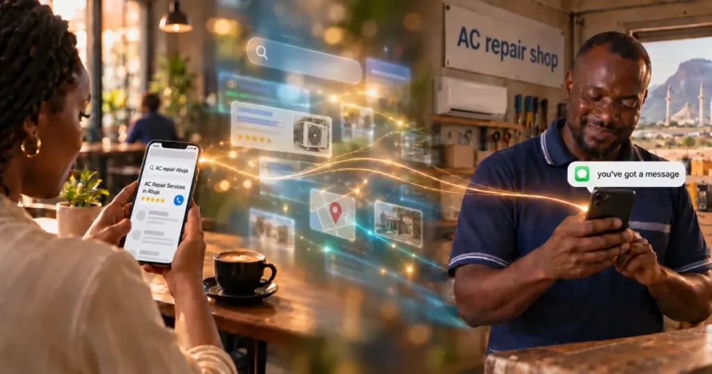 A customer finds an AC repair business in her phone's search results while the shop owner smiles at his own phone.