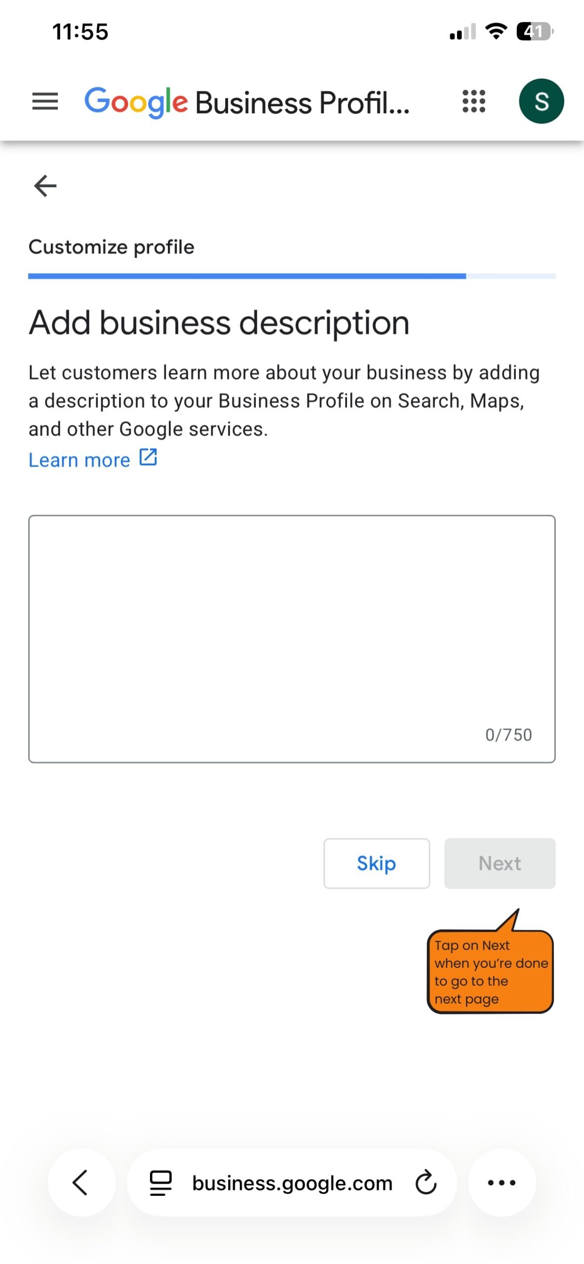 Google Business Profile business description field