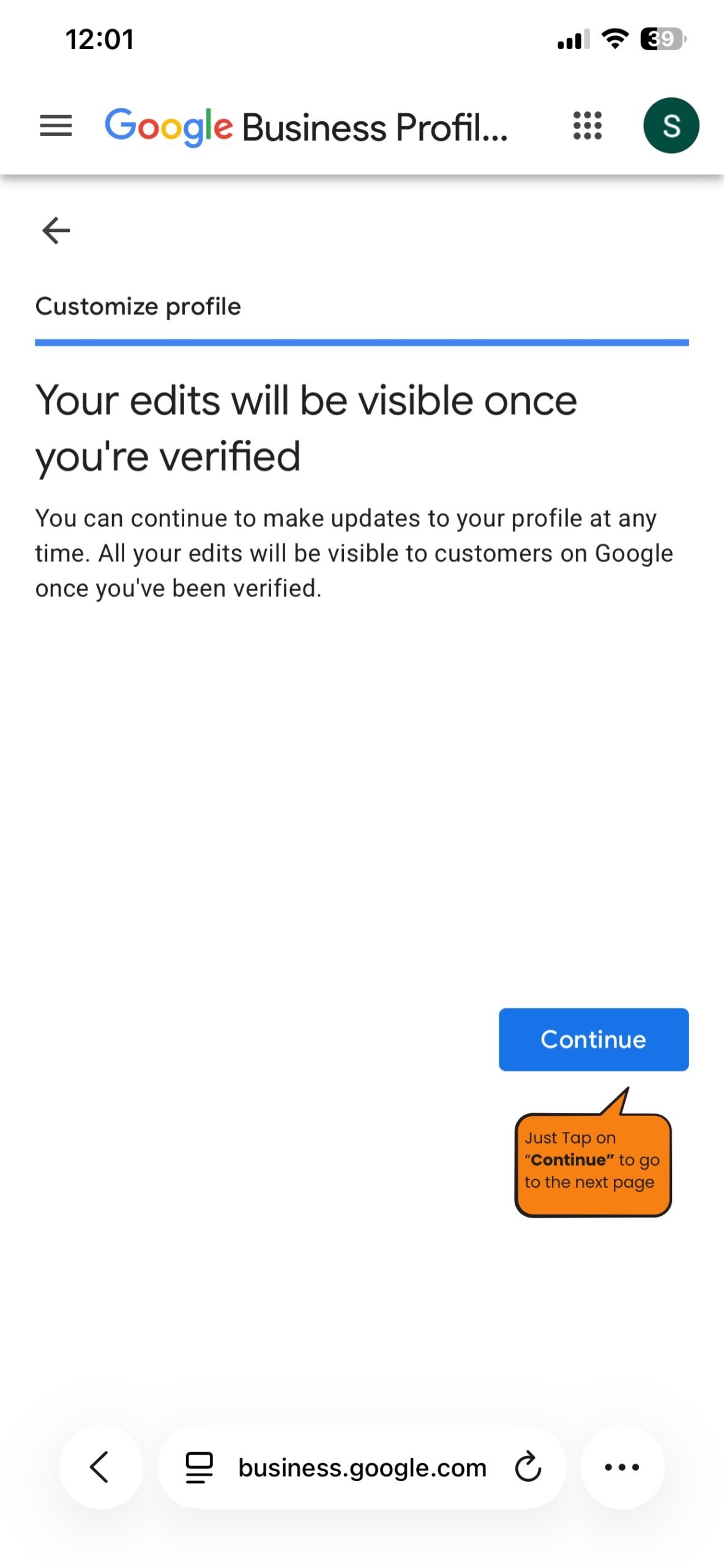 Google Business Profile message that edits will be visible after verification