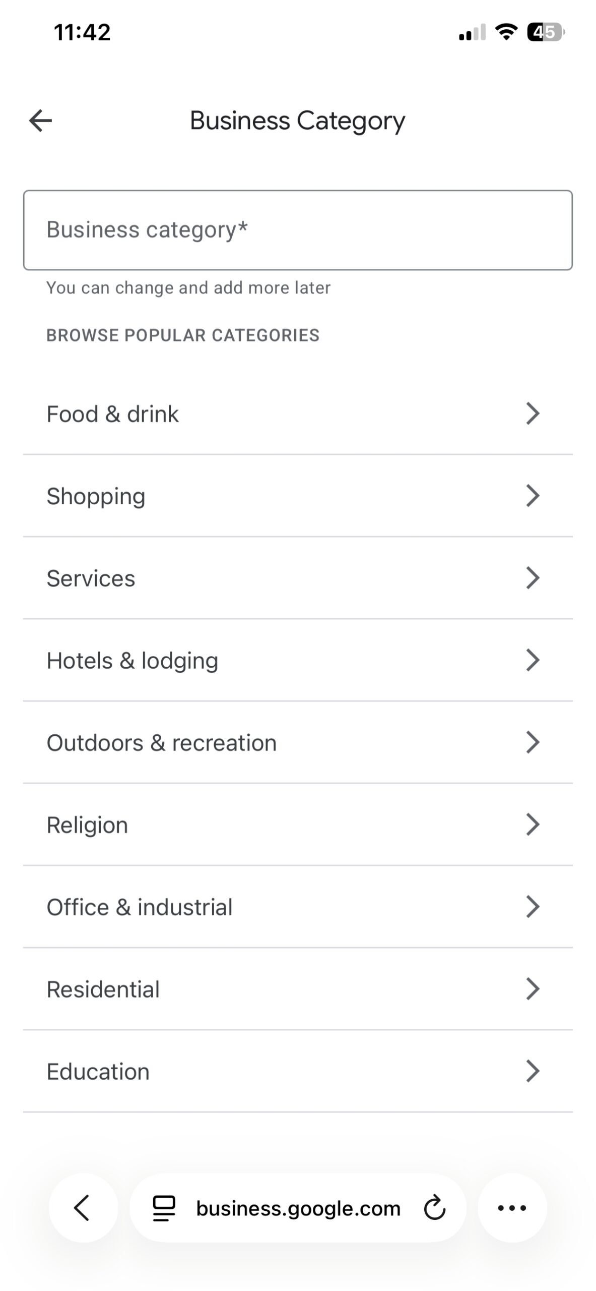 Google Business Profile category selection screen