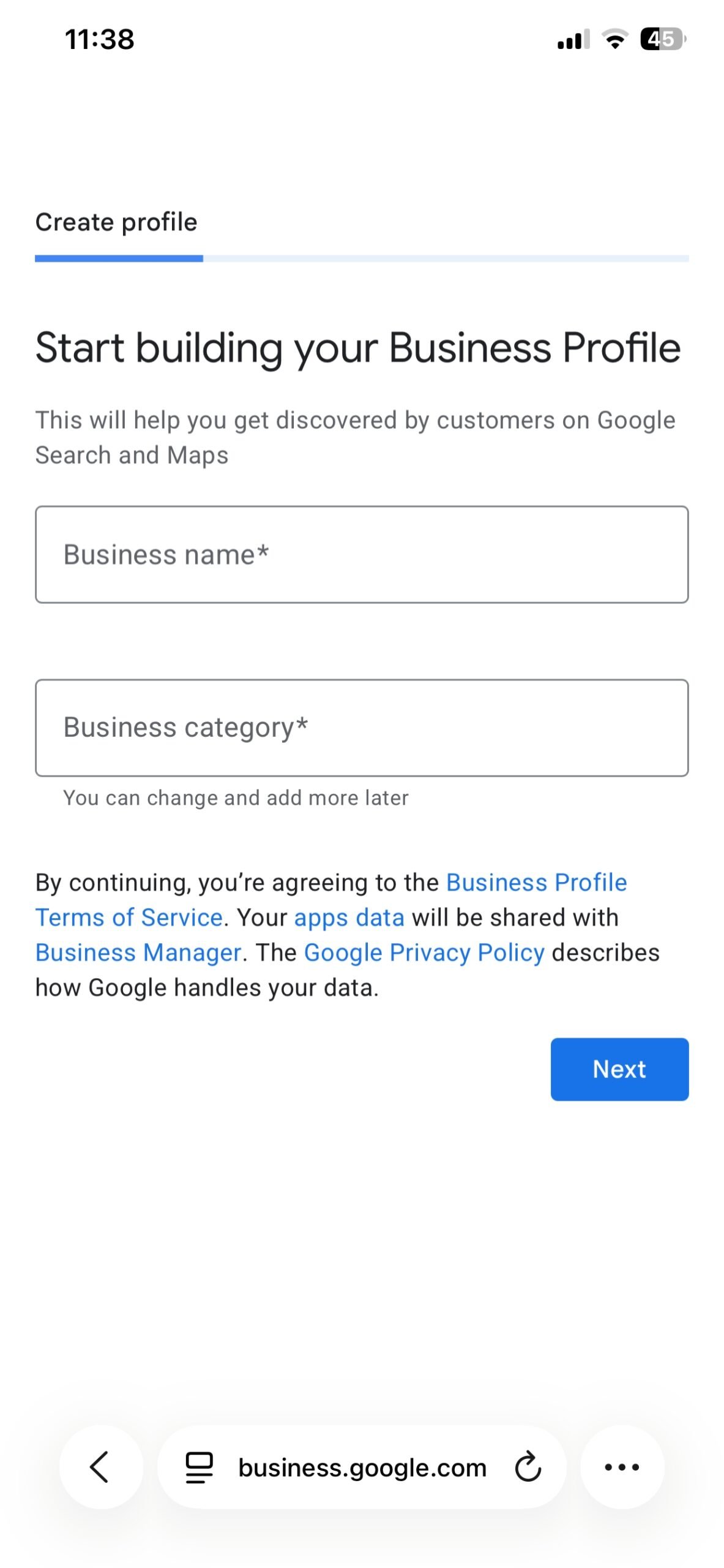 Google Business Profile fields for business name and business category