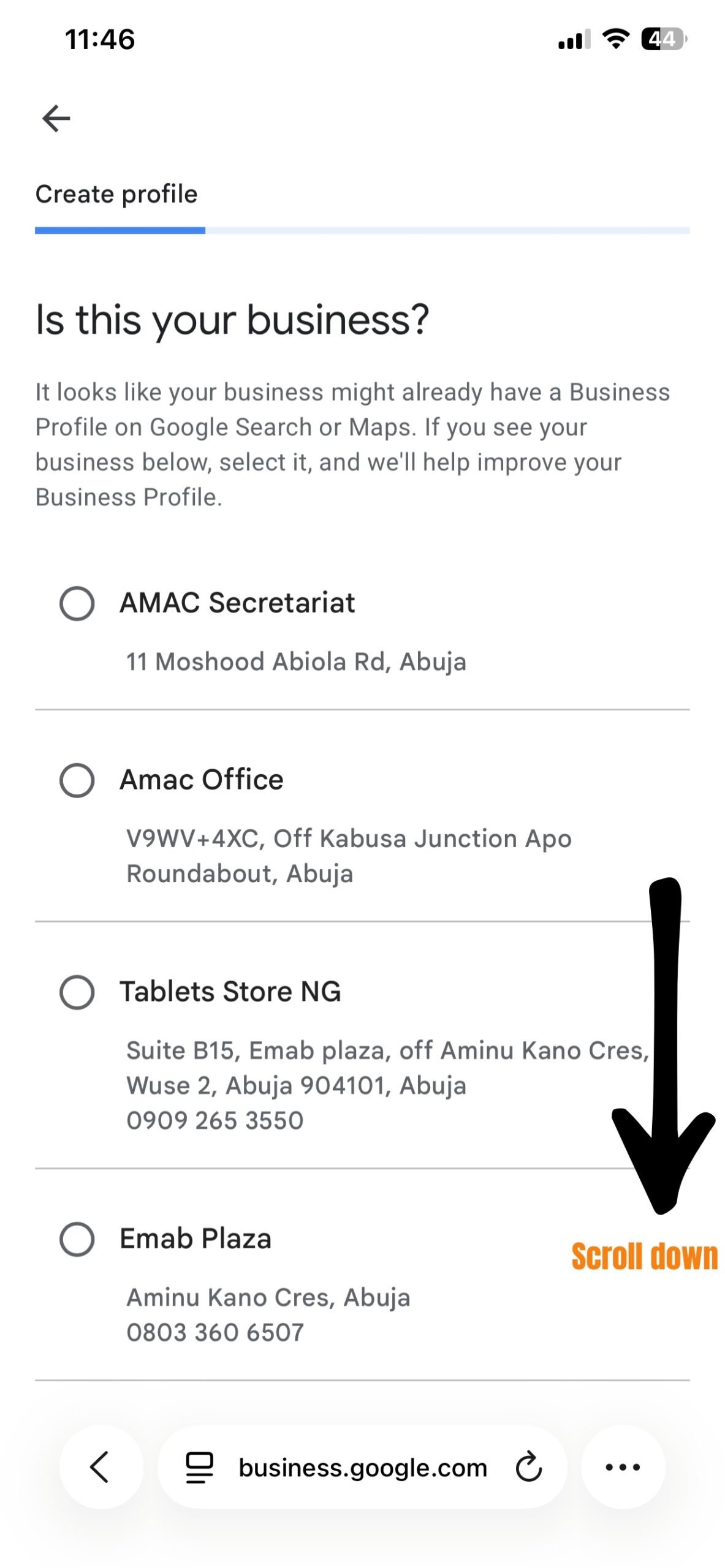 Google Business Profile screen listing possible existing businesses