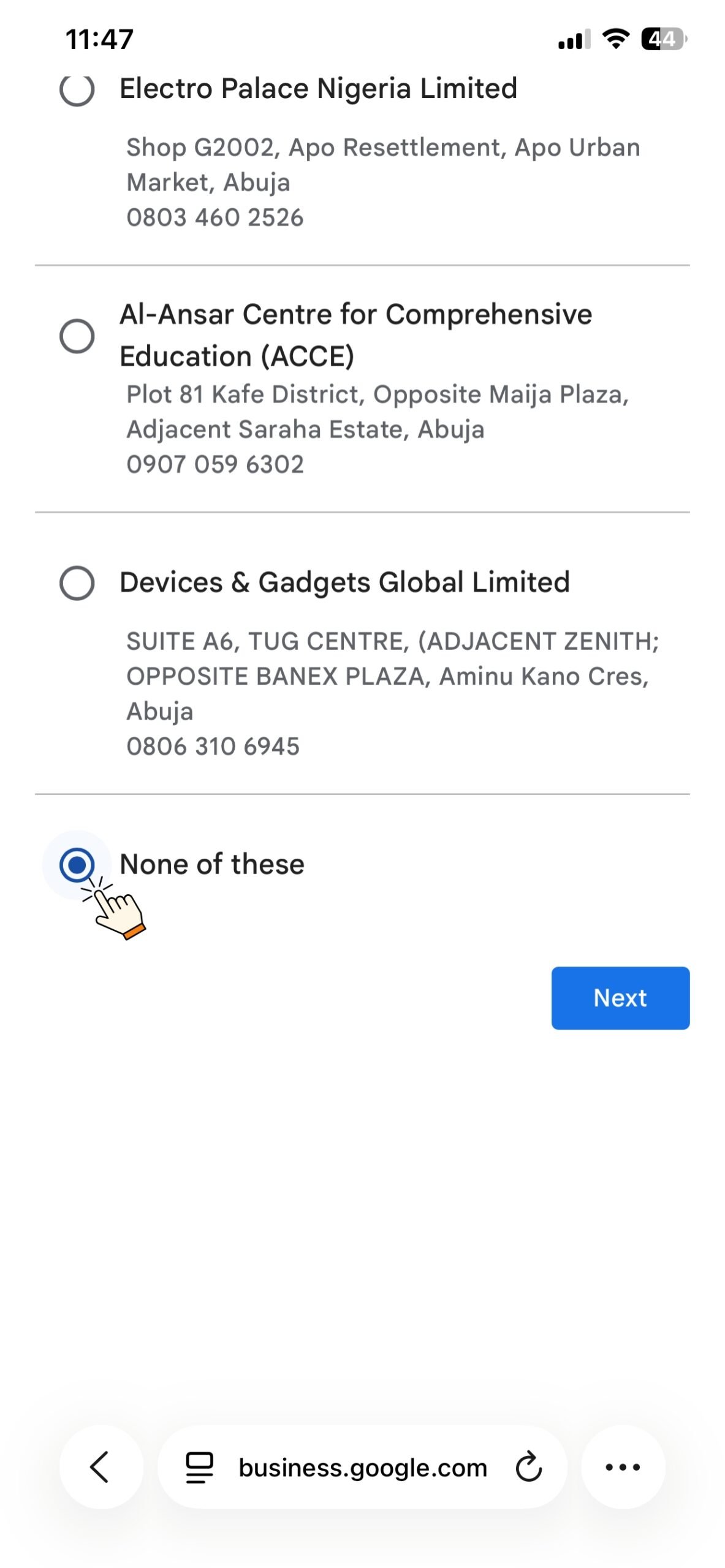 None of these option in Google Business Profile setup
