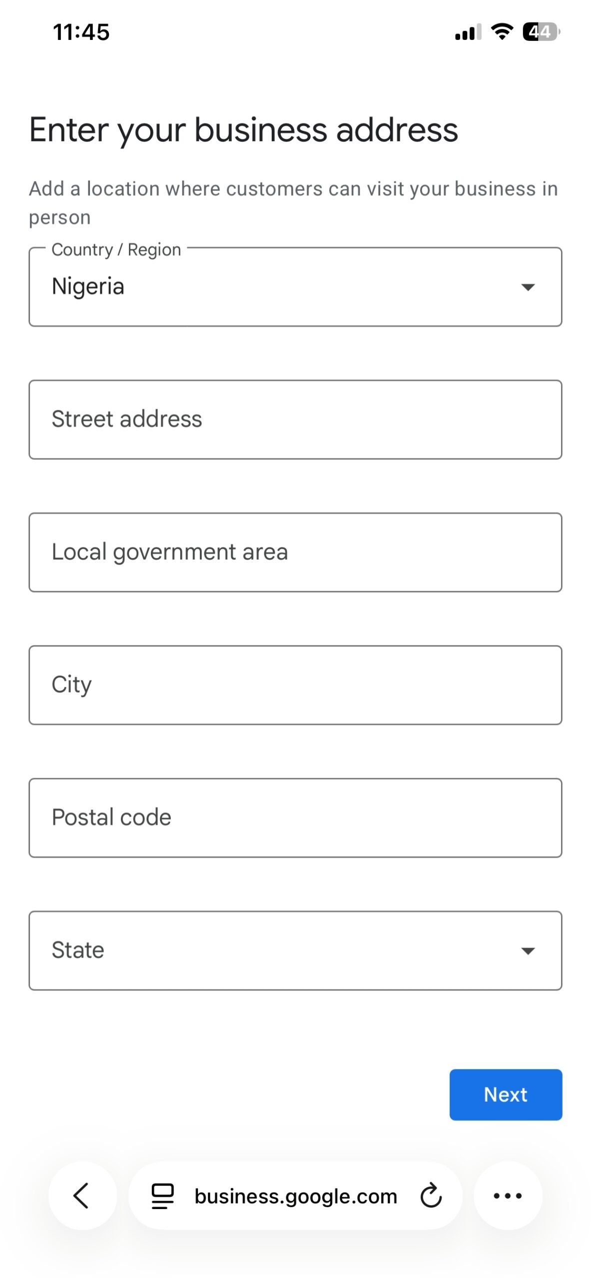 Google Business Profile address form