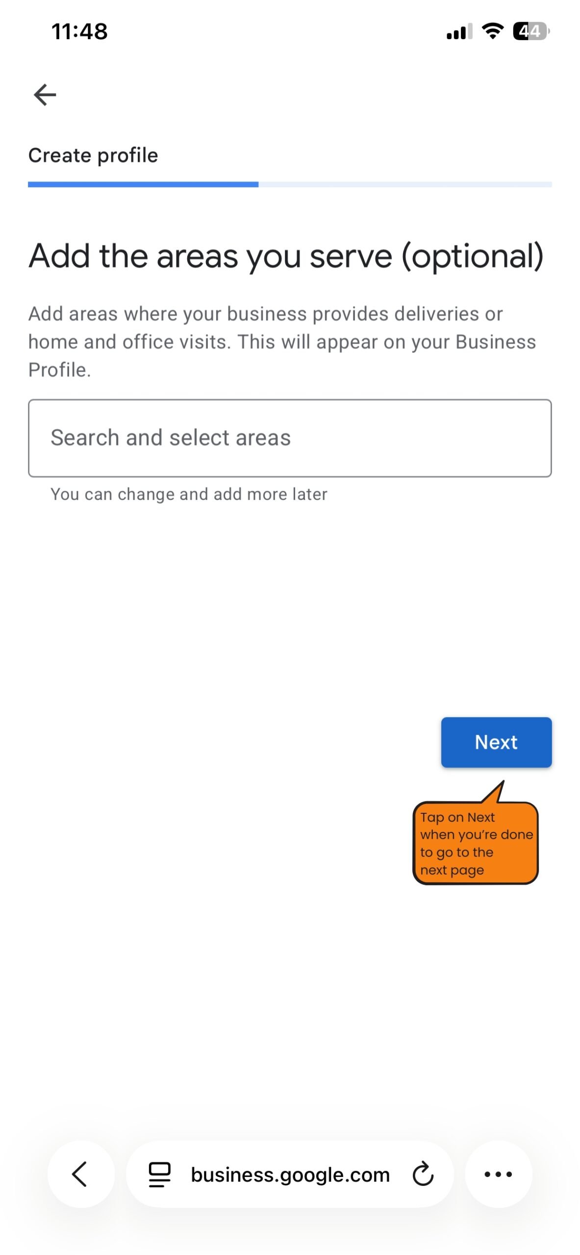Google Business Profile service area field