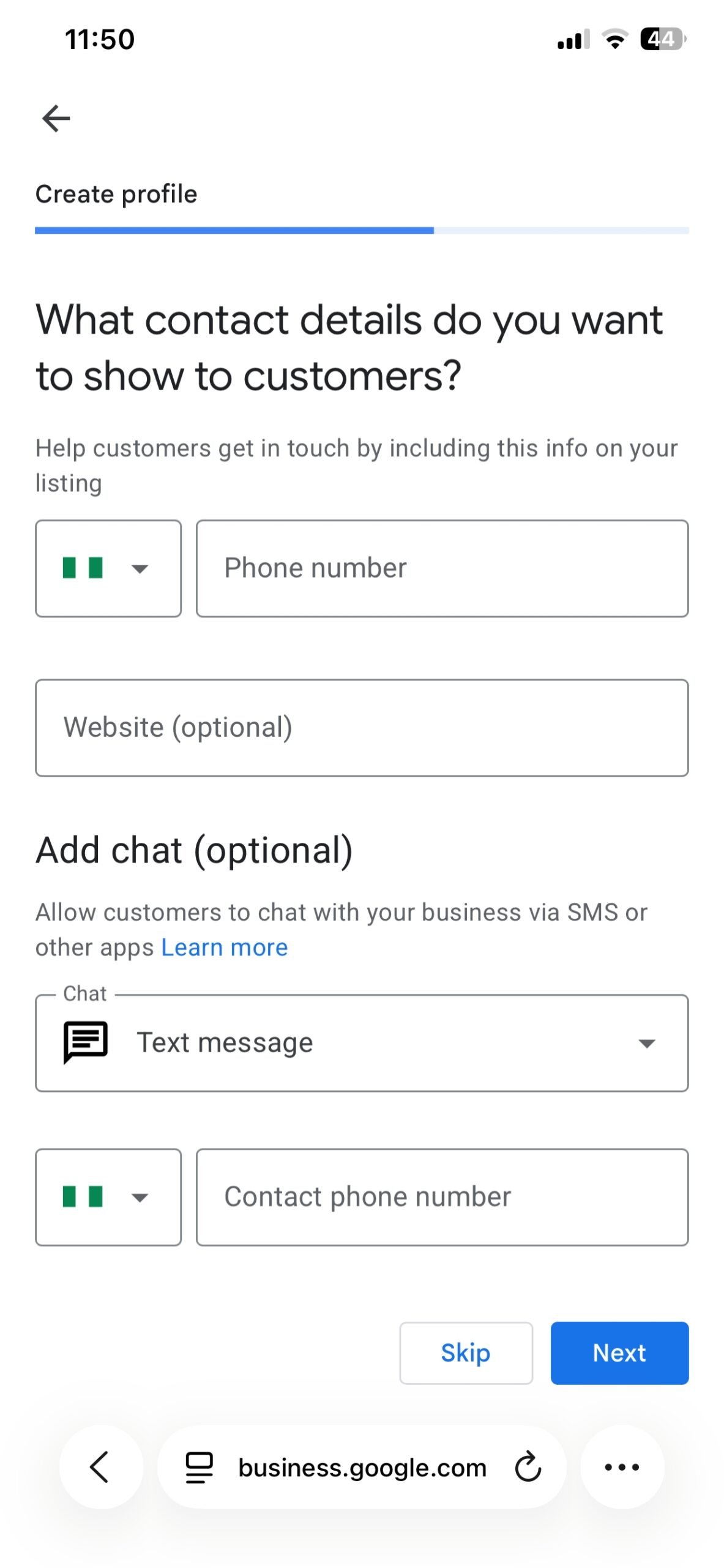 Google Business Profile contact details form