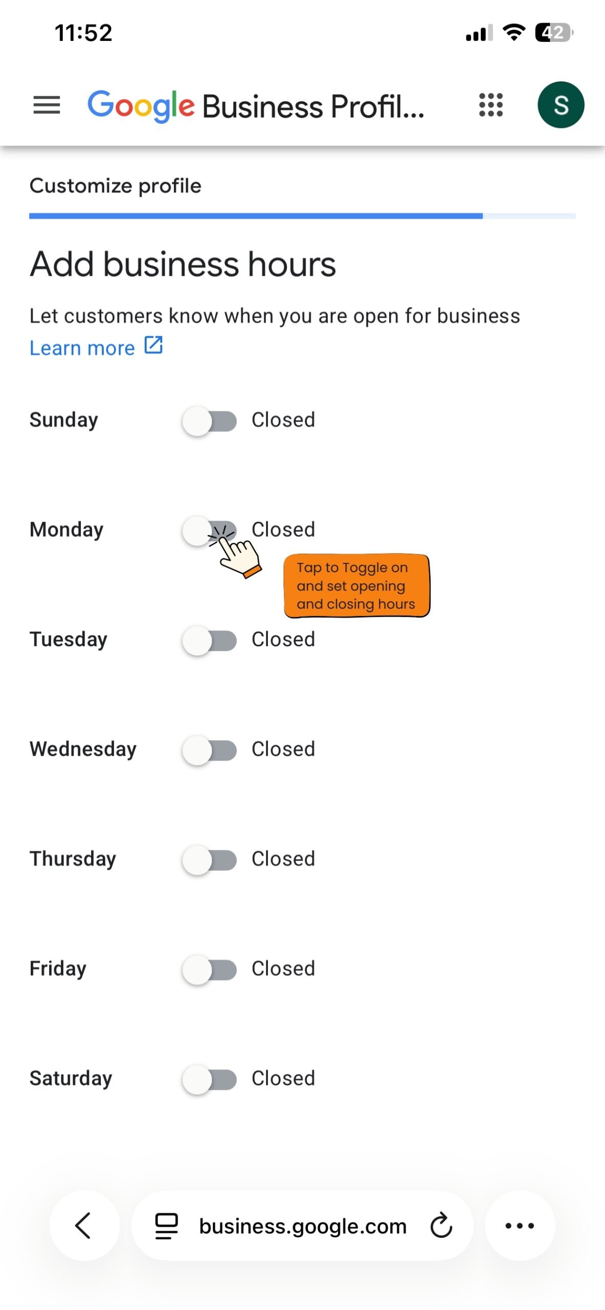 Google Business Profile business hours day toggles