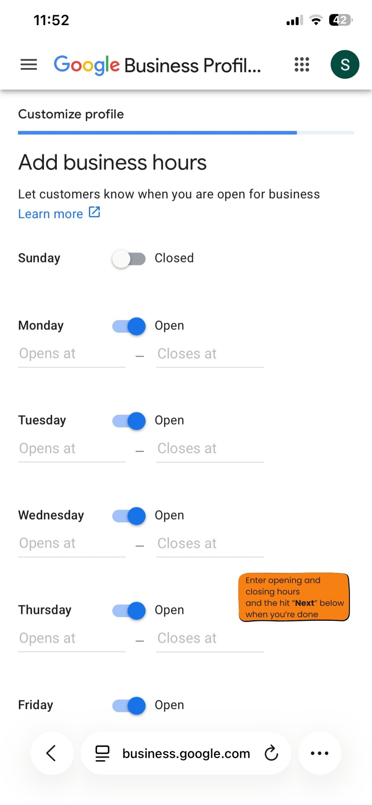 Google Business Profile opening and closing time fields